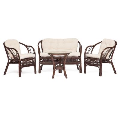 КОМПЛЕКТ "New Bogota/Нью Богота" (диван + 2 кресла + стол со стеклом)/с подушками/ ротанг, грецкий орех